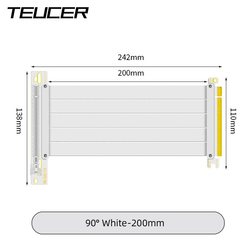 TEUCER PCI-E 4.0 X16 Riser Cable Video Card Extension Shielded Flexible 90° Mounting GPU Extension Cord Black/White.