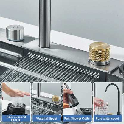 Wasserfall-Küchenspüle aus Edelstahl 304, großes Einzelbecken mit großem Einzelschlitzspüle über der Theke mit Tassenschlitz