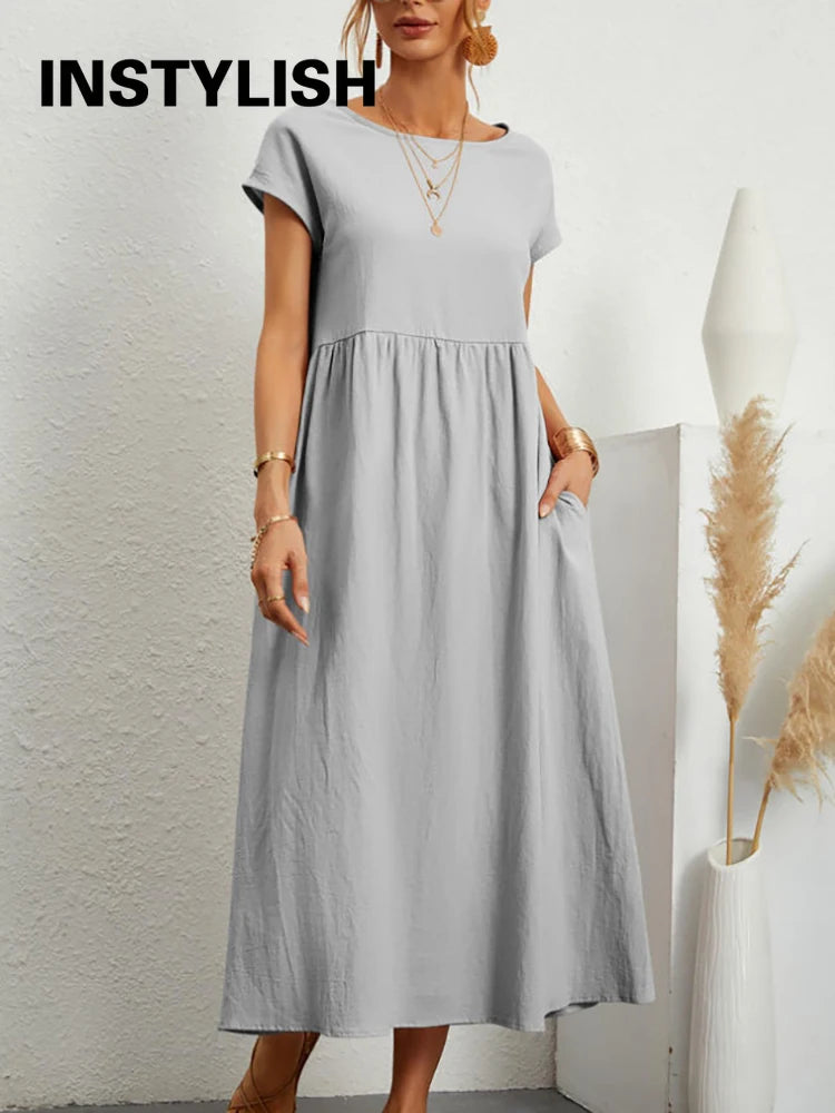 Vintage Solide Midi Kleid Casual Kurzarm Baumwolle und Leinen Harajuku Übergroßen Langes Kleid Frauen Sommer Y2K Maxi Sommerkleid 2023.