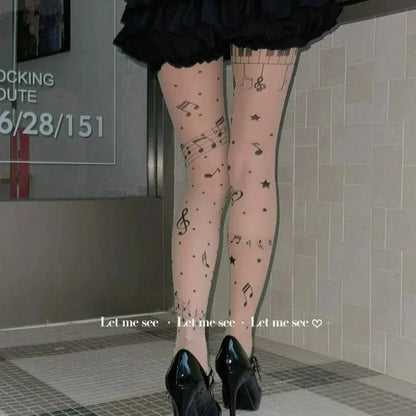 Women Personalized Stocking Gothic Music Notes Print Tights Thin High Elasticity Black Skin Leggings Spicy Girls Y2K Hosiery