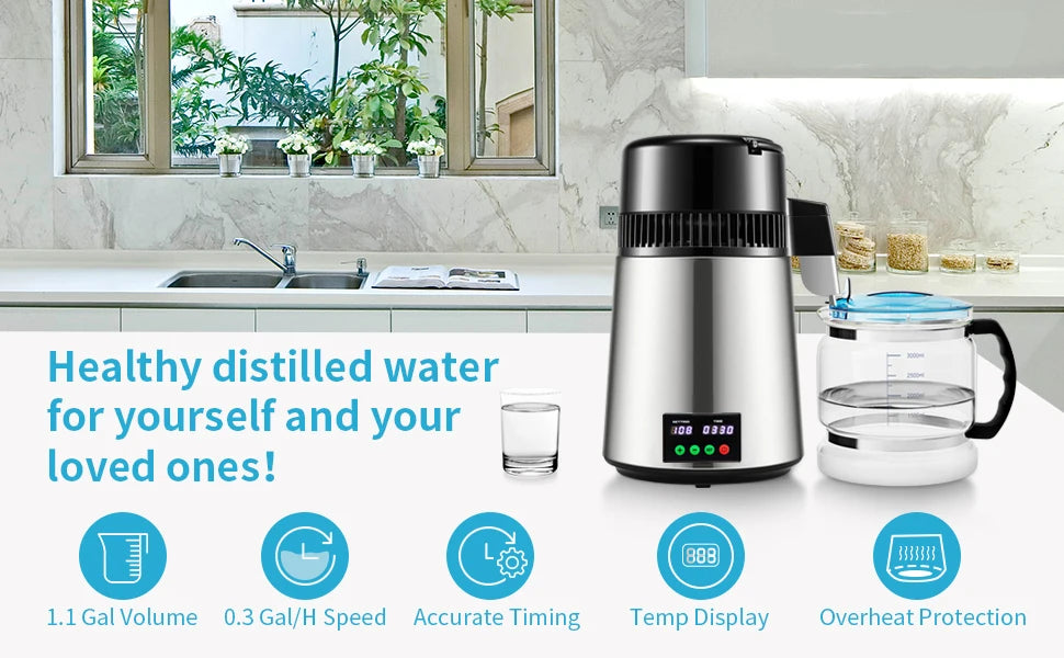 SucceBuy 4L Water Distiller Purifier Filter 1 L/H Distilling Speed Dispenser Drinking Bottle Softener Touch Screen Home Use.
