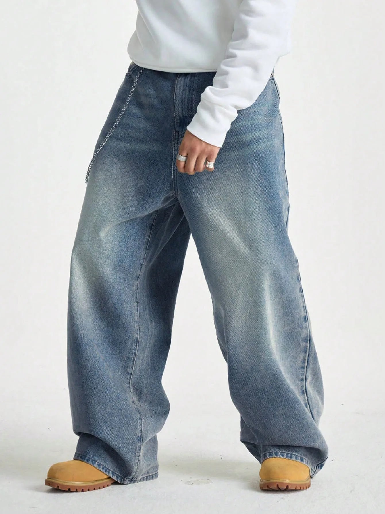 1Pc Men's Wide Pants Brushed Jeans Wide Jeans Y2K New Rocks Jeans Buggy Black Hip-Hop Pants.