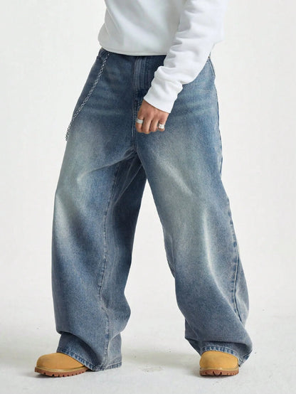 1Pc Men's Wide Pants Brushed Jeans Wide Jeans Y2K New Rocks Jeans Buggy Black Hip-Hop Pants.