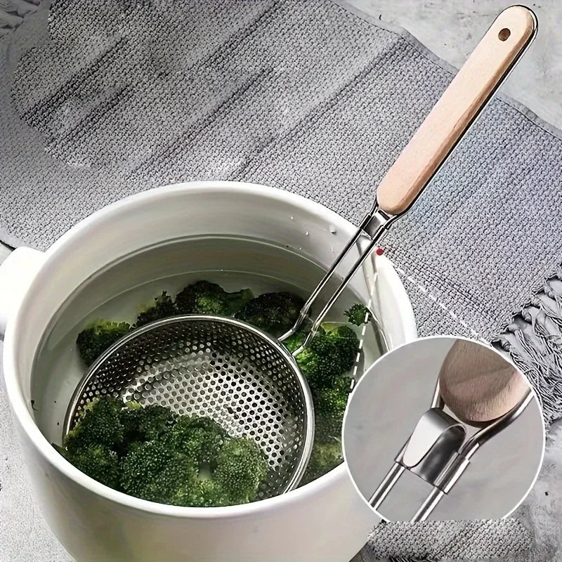 Stainless Steel Colander with Wooden Handle - Fine Mesh Skimmer Spoon for Cooking, Food Prep  Grease Filtering for Pasta Noodles.