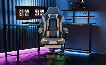 WOTSTA Gaming-Stuhl mit Fußstütze, Gamer-Stühle, ergonomisch, mit Lendenkissen, Kopfstützenstuhl, höhenverstellbarer Computerstuhl