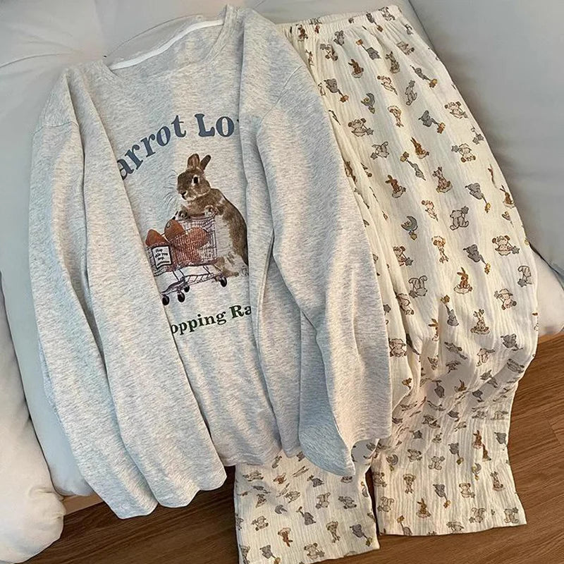 Spring and Autumn New Women's Cartoon Ins Style Pajamas Homewear Suit Girls Students Long-Sleeved Sweet Pajamas Loose Homewear.