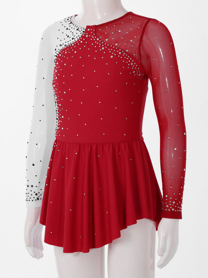 6-16Y Mädchen Eiskunstlauf Tanz Kleid Ballett Gymnastik Trikot Langarm Shiny Strass Sheer Mesh Leistung Dancewear.