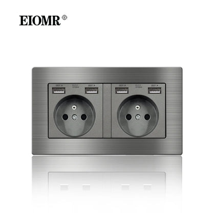 EIOMR Frankreich Standard-Steckdose, graue Aluminiumlegierung, Lichtschalter, RJ45, Fernseher, 220 V, 16 A, Wandsteckdosen für Haushaltsgeräte