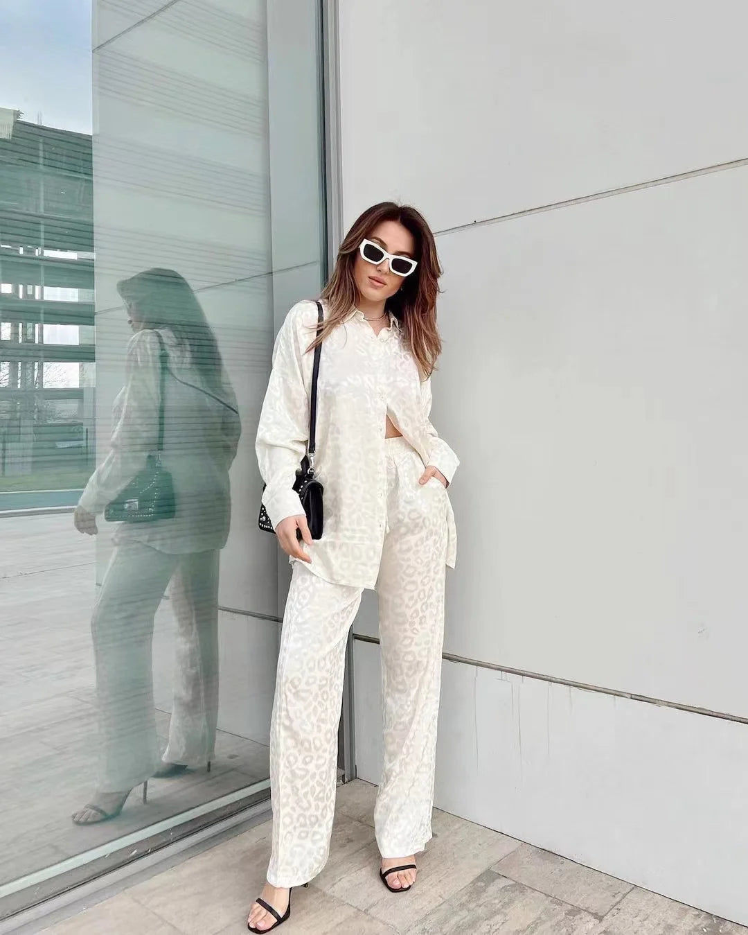 2024 Autumn White Satin Wide Leg Trousers Suit For Women Office Leopard Print Two-Piece Set Home Tracksuit Female Pajamas Sets.