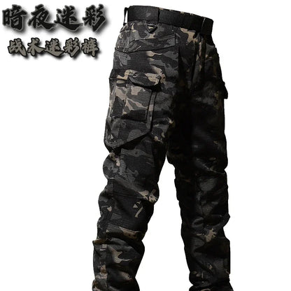 Autumn Tactical Sets Men Outdoor Breathable Short Sleeve Tshirt+Waterproof Straight Pant 2 Pcs Suits Camo Multi-pocket Cargo Set.