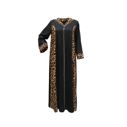 Elegantes arabisches Frauen-Partykleid, afrikanischer V-Ausschnitt, Leopardenmuster, langärmelig, Abaya, modische muslimische Dame, Urlaubskleid, islamische Kleidung