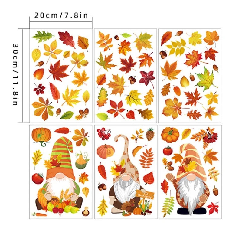 6 Sheets Autumn Thanksgiving Gnomes Window Clings Decal Fall Pumpkin Maple Leaf Electrostatic Stickers Wall Decor X3UC.