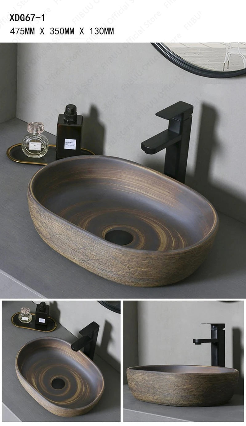 Braunes Keramikgefäß, Waschbecken, Waschtisch, Schüssel, ovaler Badezimmertisch, Waschbecken, Toilette, Balkon, Kunstbecken, über der Theke, Sockelwaschbecken