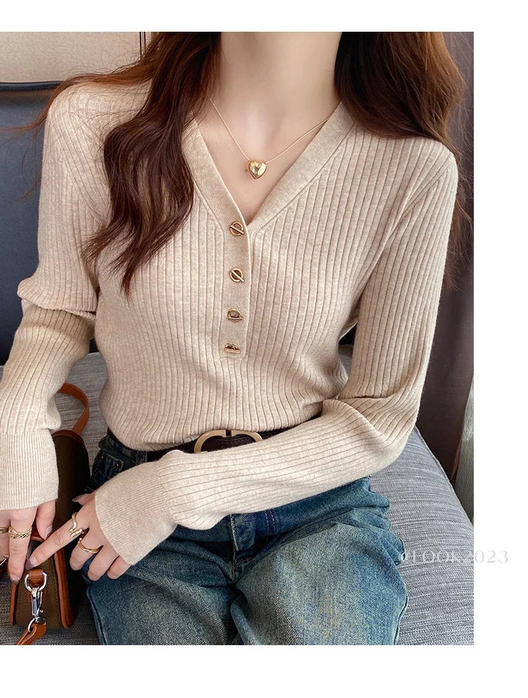 2023 herbst Winter Frauen Pullover Beiläufige Dünne Taste Gestrickte Pullover Pullover Femme Grundlegende Solide Jersey Tops Mode Kleidung