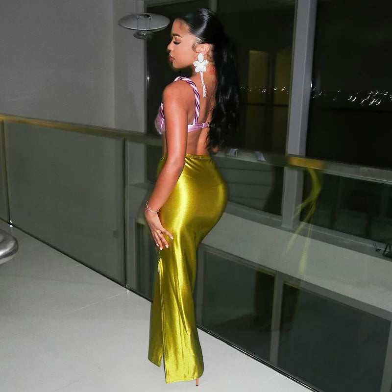 2025 Autumn Stain Long Solid Color Skirt Women Elegant High Waist Side Split Maxi Skirts Party Sexy Clothes for Female.