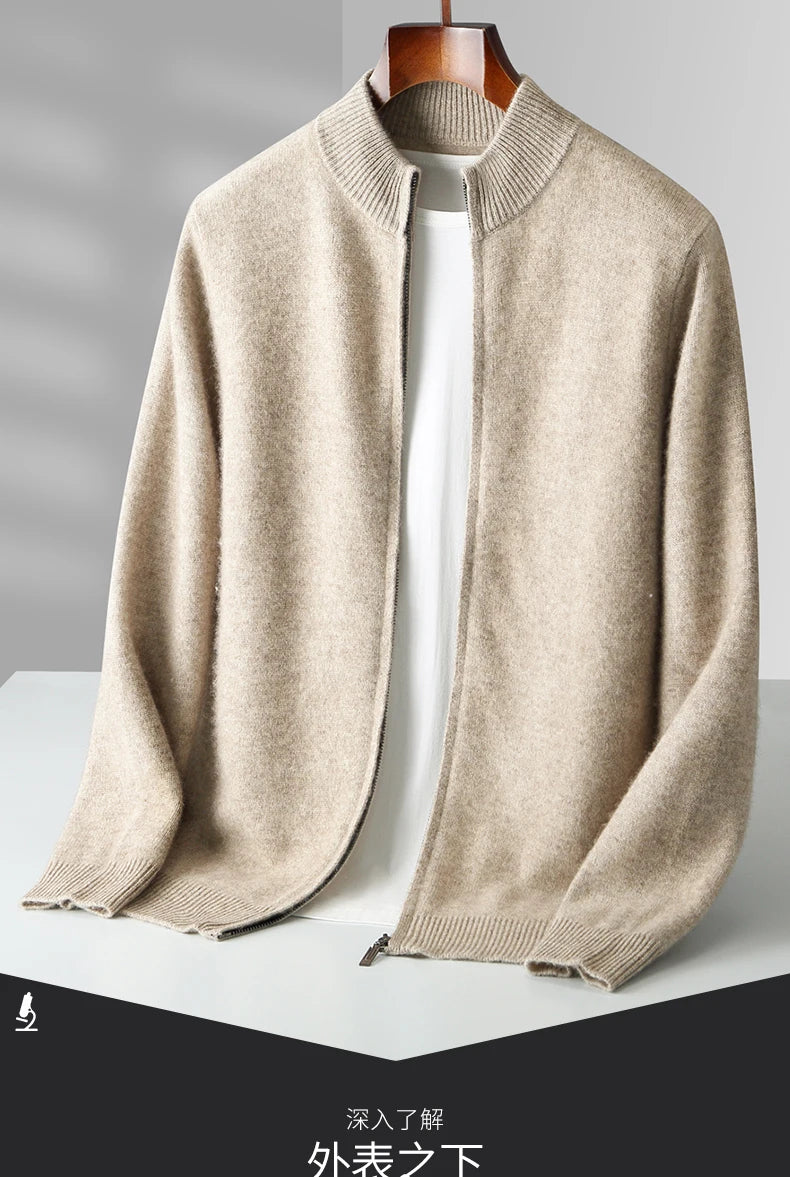 100% Merino Wool Men's Warm Sweater Mock Collar Thickened Zippered Cardigan Autumn Winter New Cashmere Knitted Long Sleeve Tops.