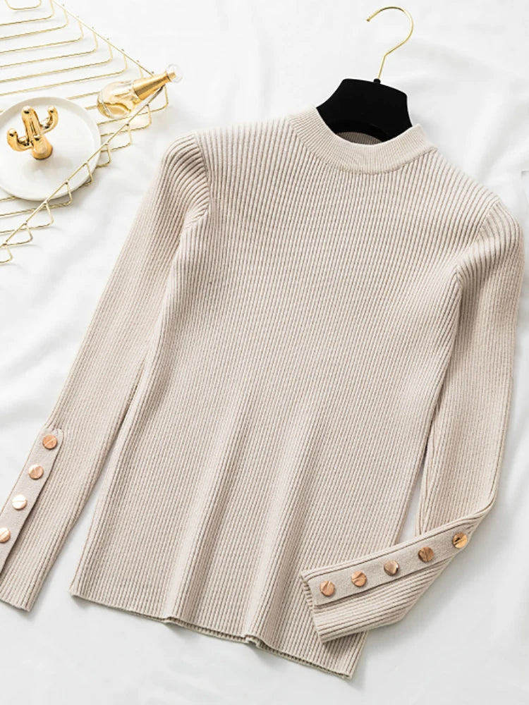 2025 Female Slim Knitted Soft Jumper Tops Autumn Winter Women Casual Sweater Pullovers Button Long Sleeve O-neck Chic Sweater.