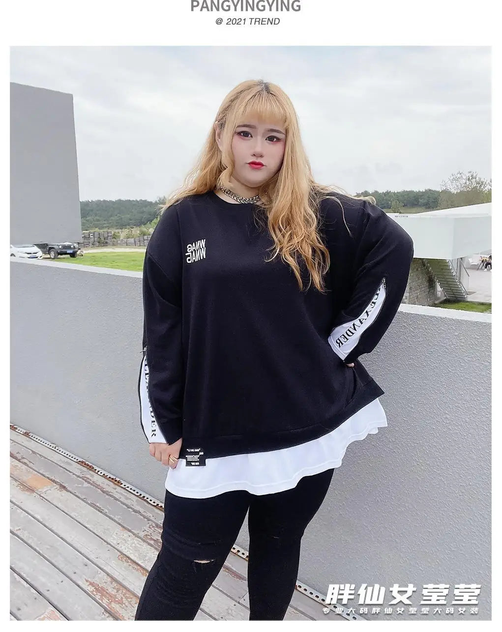 Frühling Herbst Neue Koreanische Mode Zwei Gefälschte Stücke Plus Größe Sweatshirt Frauen Brief Patchwork Casual Dame Tops Übergroße Kleidung.