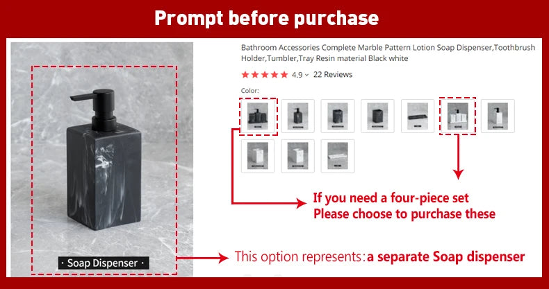 Bathroom Accessories Complete Marble Pattern Lotion Soap Dispenser,Toothbrush Holder,Tumbler,Tray Resin material Black white.