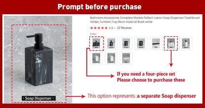 Bathroom Accessories Complete Marble Pattern Lotion Soap Dispenser,Toothbrush Holder,Tumbler,Tray Resin material Black white.