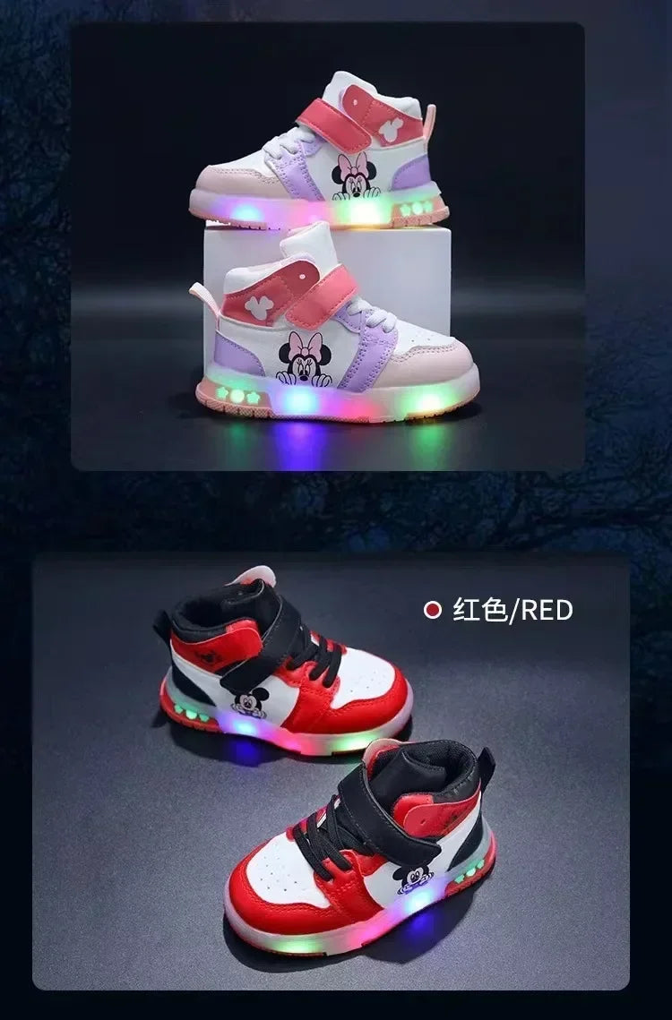 2025 Disney Kids Sneaker Cute Minnie Mickey Cartoon Led Lighted Shoes for Boys Girls Luminous Shoes Toddler Flash Lights.