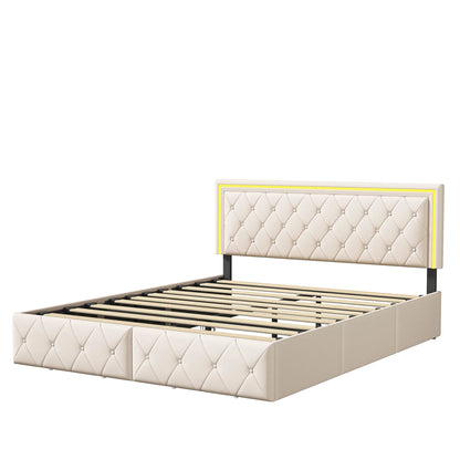 Rosahqnda Modernes Kunstlederbett mit Schubladen, stilvolles Doppelbett aus Kunstleder mit Stauraum, ohne Matratze