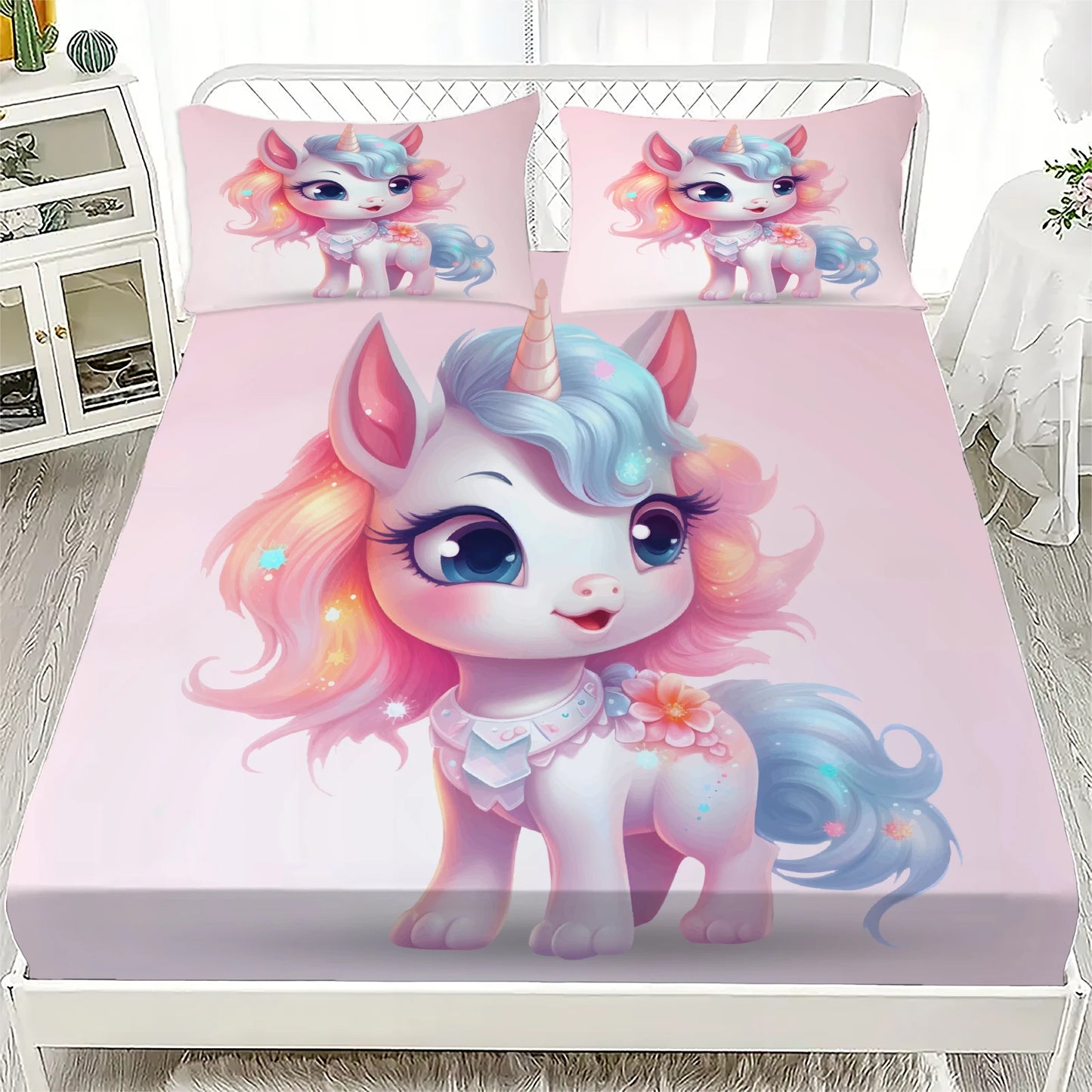 3D Fitted Sheets Set Unicorn Pattern Cute Bedding Set Printed With 1/2 Pillowcases Customized For Boys And Girls Kids Decorate.