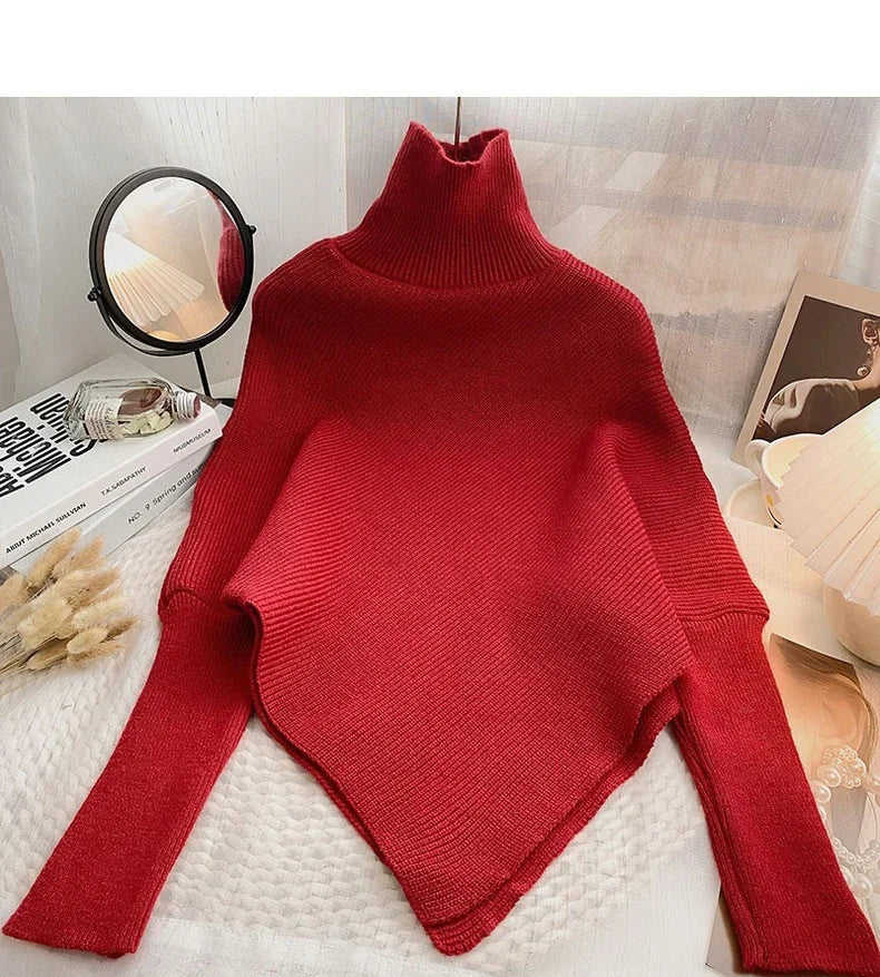 2025 Korea Herbst Winter Frauen Mode Unregelmäßigen Lose Stricken Pullover Vintage High Neck Langarm Weibliche Pullover Chic Tops.
