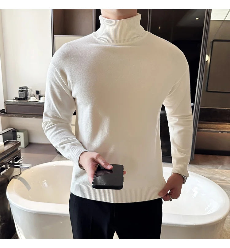 Korean Fashion Autumn Winter Sweaters Men Pullovers Fleece Turtleneck Knitted Sweatshirt Warm Bottoming Shirts.