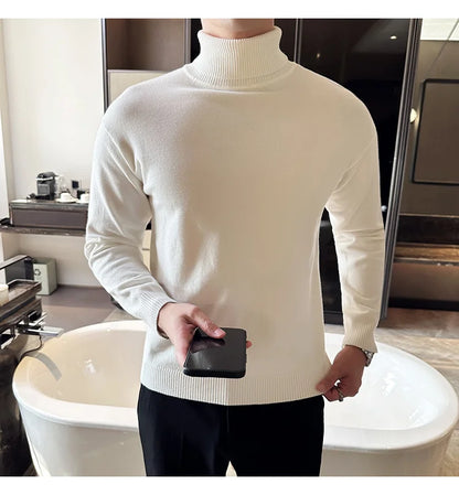 Korean Fashion Autumn Winter Sweaters Men Pullovers Fleece Turtleneck Knitted Sweatshirt Warm Bottoming Shirts.