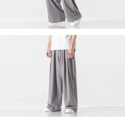 Hanfu Spirit Draped Linen Pants For Men Straight-leg Casual Trousers Chinese Style Loose-fit Ancient Wide-leg Song Trousers.