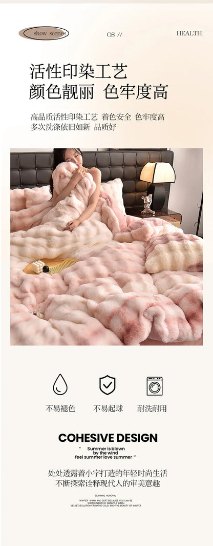 2024 new light luxury rabbit velvet four-piece set thickened warm milk velvet rabbit hair tie-dye bed sheet quilt cover.