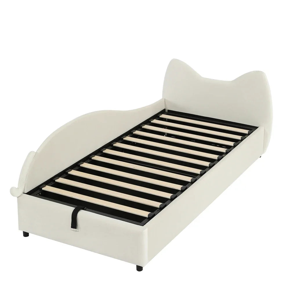 Polsterbett, Einzelbett, süßes Katzendesign, hydraulisches Bett mit Stauraum und Gürtelgriffen, stabiler Gitterrost, 90 x 200 cm