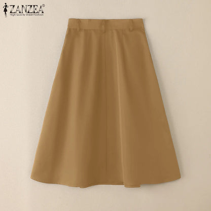 ZANZEA Summer Solid Midi Skirt Elegant Women High Waist Work OL Skirts Fashion A-line Jupes Stylish Party Faldas Saia  Plus Size.