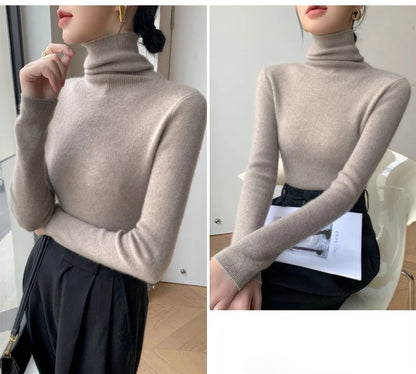 2025 herbst Winter Rollkragen Warme Jumper Lässig Feste Dünne Strickjacke Frauen Langarm Gestrickte Pullover Einfache Basis Schicht Top.