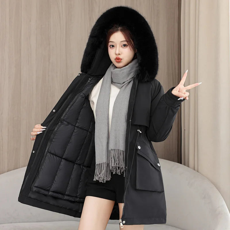 Winter dame Winter Stepp Mantel Abnehmbare Futter Pelz Kragen Gürtel Parka Jacke Für Frauen Verdickt Thermische frauen Mantel