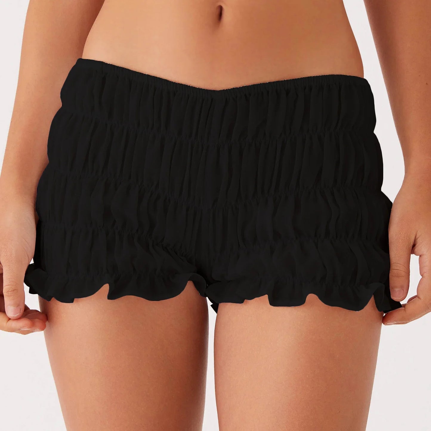 Women Y2k Ruched Mini Shorts Low Waist Ruffle Frill Bloomers Summer Lounge Pajamas Shorts Smocked Micro Shorts Sleepwear.