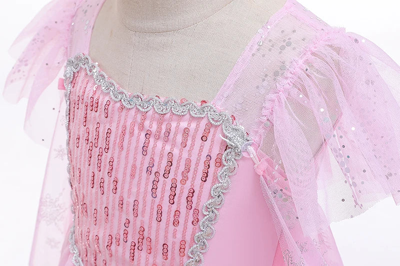 Mädchen rosa Pailletten Mesh Prinzessin Kleid, Mesh kurze Ärmel, mit Umhang, geeignet für Party, Tanz, Performance, Karnevals kleid.