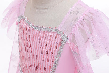 Mädchen rosa Pailletten Mesh Prinzessin Kleid, Mesh kurze Ärmel, mit Umhang, geeignet für Party, Tanz, Performance, Karnevals kleid.