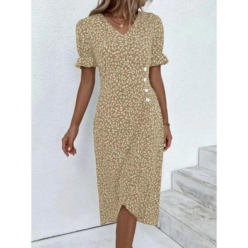Elegante Blumen Plissee H-förmigen Midi Kleid Weibliche V-ausschnitt Puff Sleeve Taille Geraffte Taste Kleider Frauen Sommer Kleid Robe.