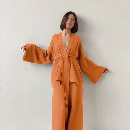 NHKDSASA Kimono Pajamas 2023 New 100% Cotton Crepe Long-Sleeved Trousers Ladies Sleepwear Suit Women's Home Service Mujer