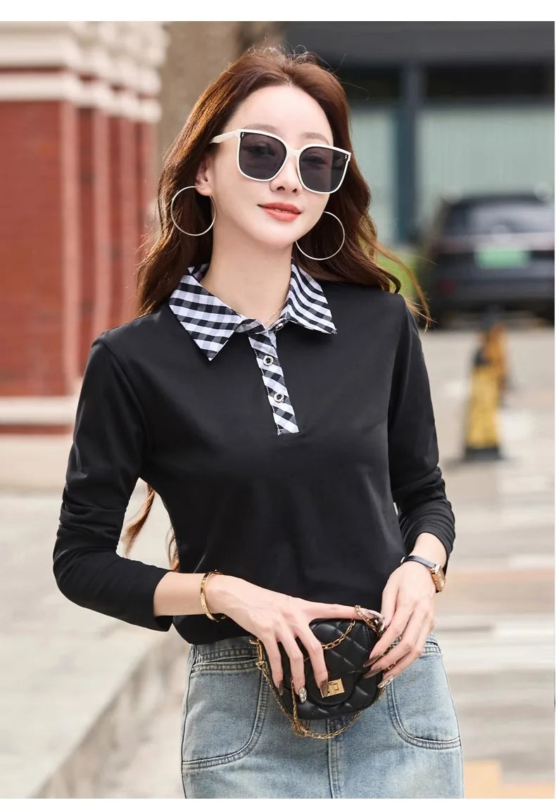 European station lapel long sleeved t-shirt women's new high-end fashion light luxury casual plus size spring and autumn top.