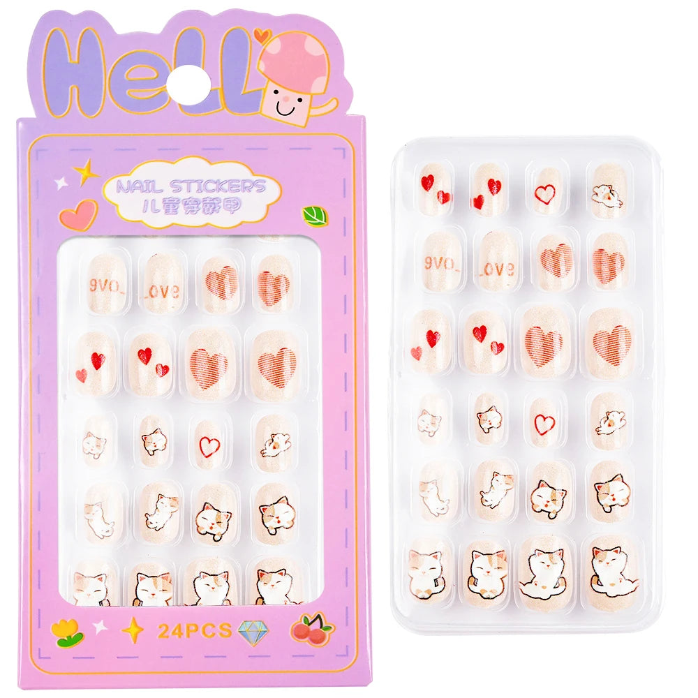 24Pcs/box Kids nails for Girl Cartoon Pattern False Nail Cute Child Fake Nails Tips Kawaii Acrylic Artificial Press on Nail+Tool