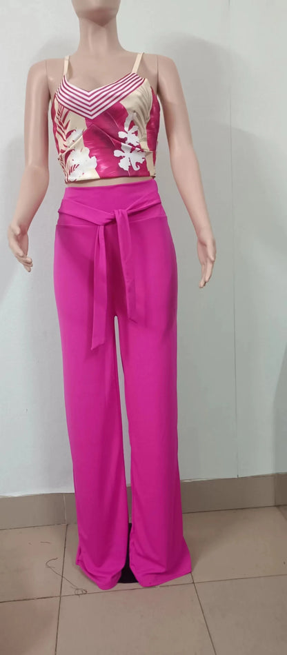 Women Fashion Print Halter V-Neck Short Tank Suit Tops Long Pants Matching Set Summer Casual Female Slim Pants Two Piece Sets.