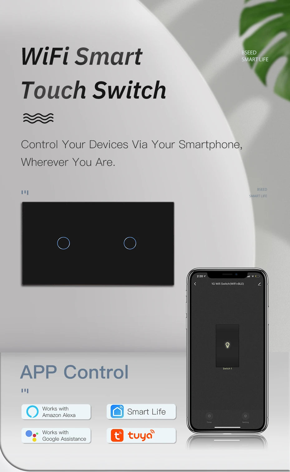 BSEED Wifi 1/2/3Gang Licht Schalter Touch Sensor Glas Schalter Tuya Smart Leben Alexa Control Plus EU Steckdosen Neutral Draht.