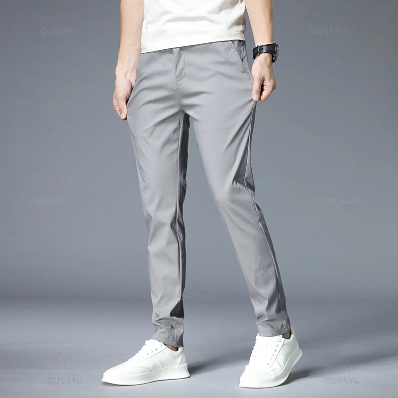 Spring Summer Casual Pants Men Thin Stretch Slim Fit Elastic Waist Business Classic Korean Trousers Male Khaki Gray 38.