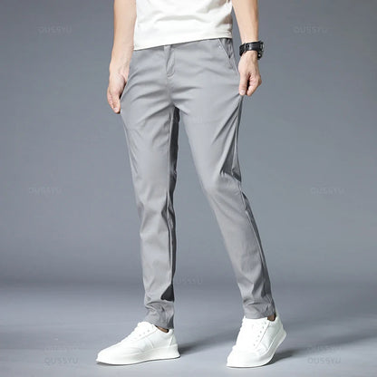 Spring Summer Casual Pants Men Thin Stretch Slim Fit Elastic Waist Business Classic Korean Trousers Male Khaki Gray 38.