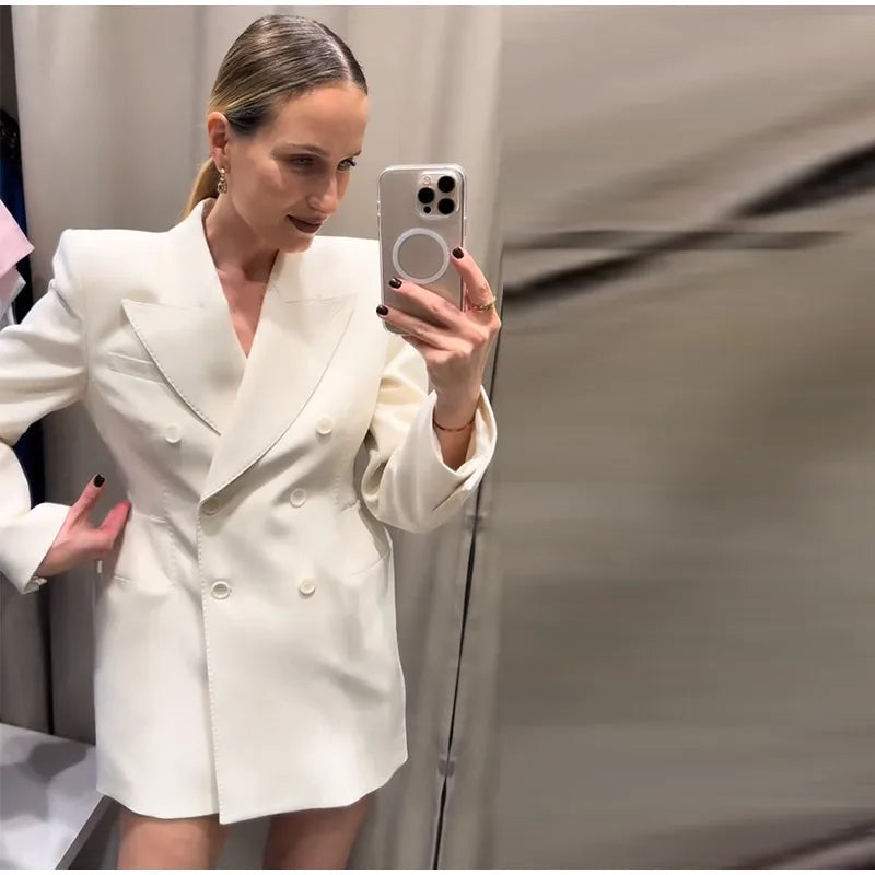 Elegante Zweireiher Blazer Mantel Frauen Schlank Revers Schulter Pads Langarm Jacke 2025, Herbst Büro Dame Pendeln Outer.