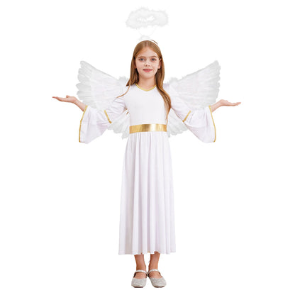 Kinder Mädchen Engel Kostüm Weiß Griechischer Gott Robe Halloween Cosplay Kleid Rollenspiel Karneval Performance Kleid mit Flügeln Dress Up