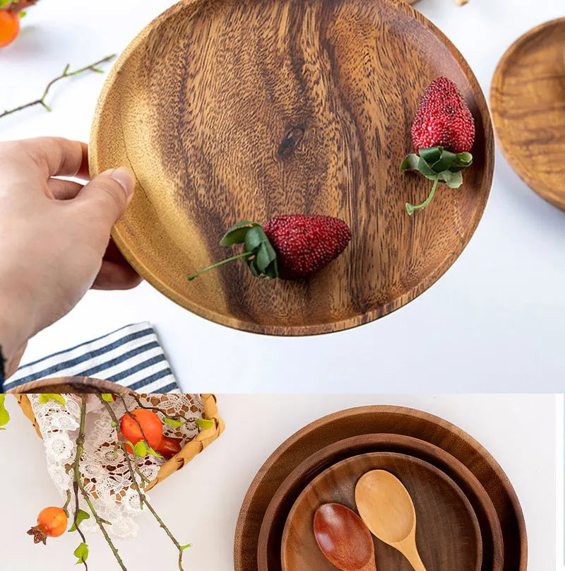 Natural Wood Hand-made Dinner PlatesUnbreakable Plate Sushi Dessert Fruit Bread Snack Tray Kitchen Bar Tableware Home Decoration.